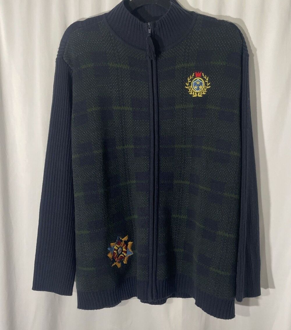 Crystal Kobe Womens Blue & Green Plaid Full Zip Sweater 2x